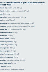 Ingredients list for USA Medical Blood Sugar Ultra Capsules including vitamins and natural extracts.